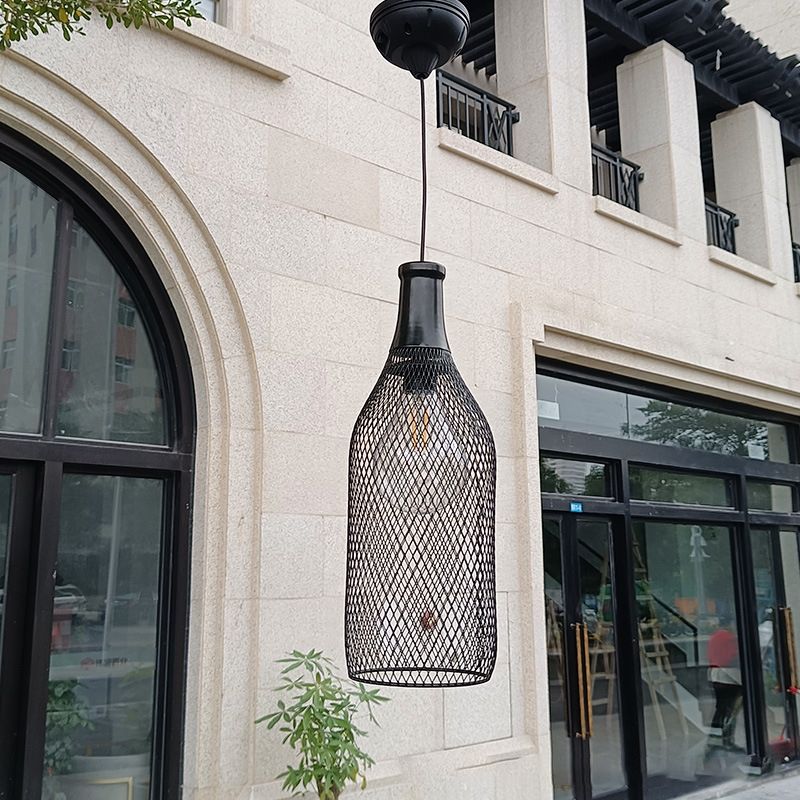 Industrial Black Pendant Light Outdoor Solar Bottle Mesh Hanging Light