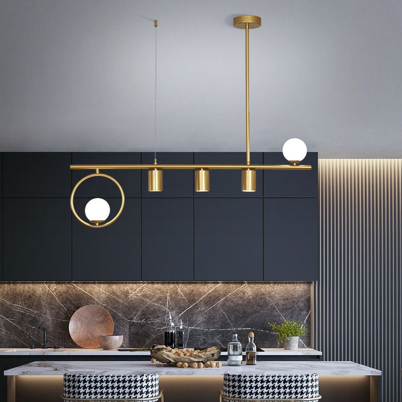5 / 6 Light Ceiling Pendant in Black / Gold Finish Metal and Glass Kitchen Island Fixture