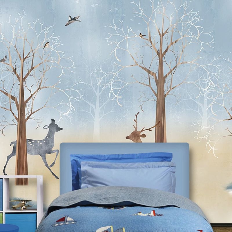 Soft Blue Nordic Wall Decor Full Size Deer and Tree Mural Wallpaper for Children's Bedroom