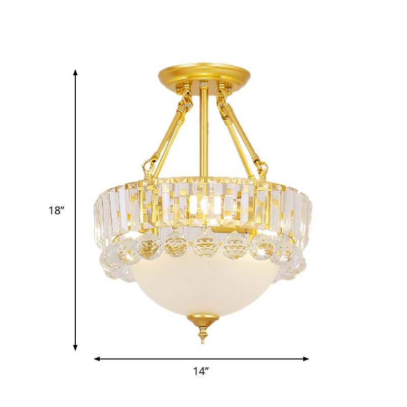 Gold Dome Semi Flush Chandelier Modern 3 Heads Frosted Glass Ceiling Lighting with Crystal Ball Deco