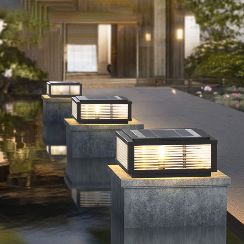 Metal Rectangle Shape Solar Pillar Lamp Modern 1 Light Outdoor Waterproof Light in Black