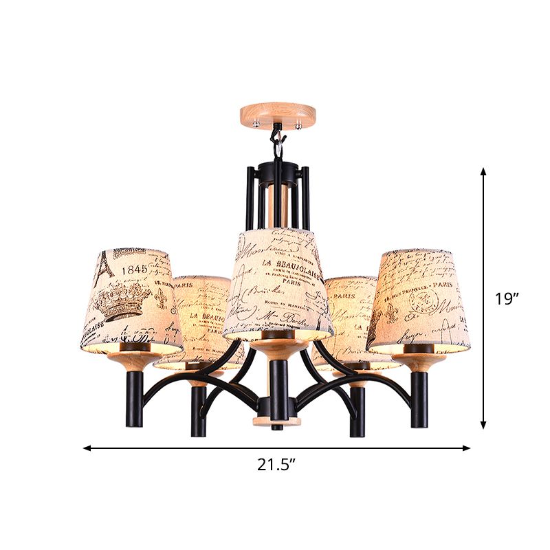 Black Barrel Semi Flush Lighting Modernist 5 Heads Patterned Fabric Flush Mount Lamp Fixture