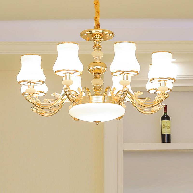Gold Finish Ceiling Chandelier Transitional White Glass Curve Shade Pendant Lighting