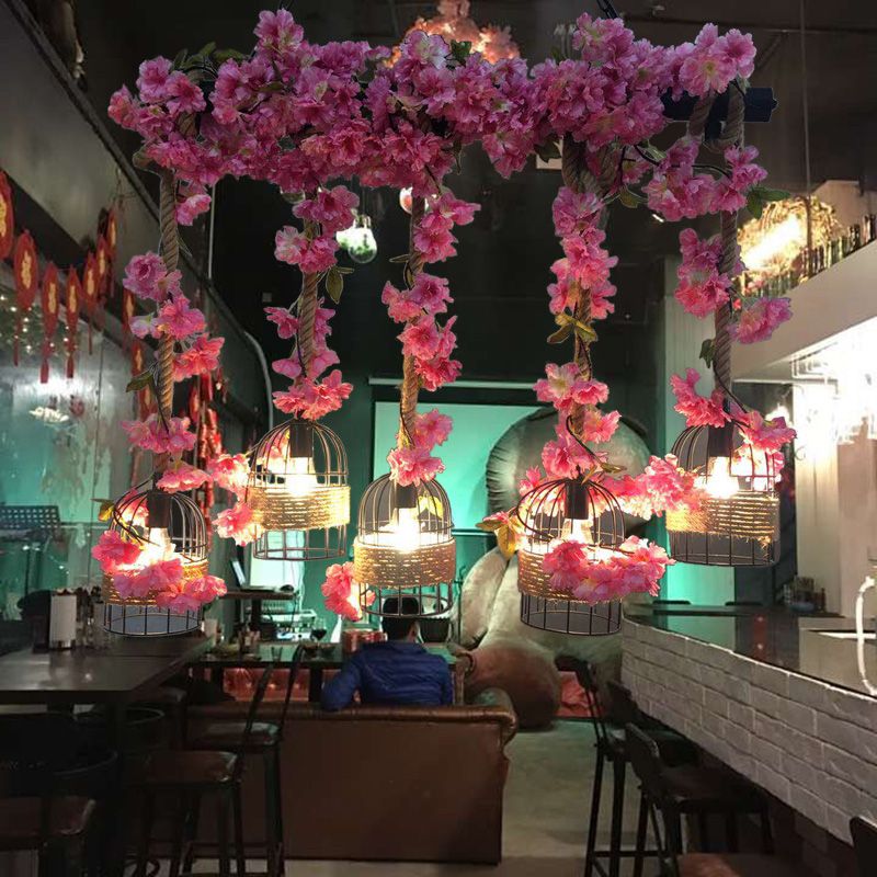 Metal Black Island Pendant Light Cage 5 Bulbs Industrial Flower Hanging Lamp Kit for Restaurant