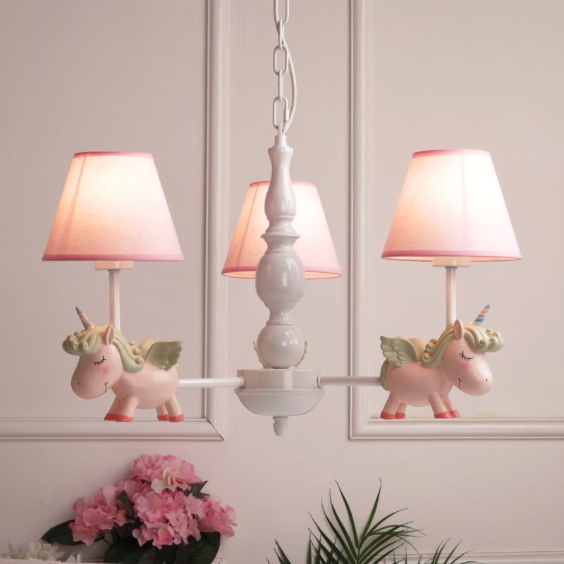 Nursery Room Chandelier, Cartoon Pendant Light Fixture with Pink Bucket Fabric Shade and Unicorn