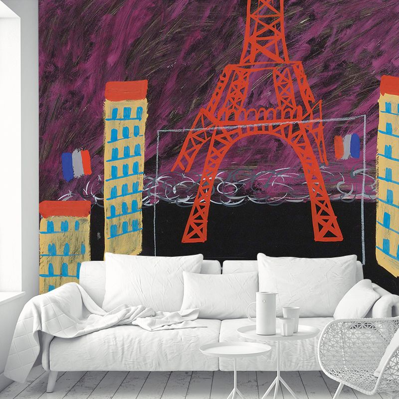 Modern Art Eiffel Tower Mural Rose Red-Black Stain Resistant Wall Decor for Living Room