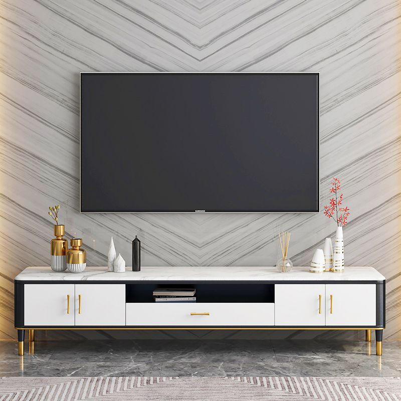 Glam Style TV Stand Stone White Colour Open Storage TV Console with Shelves