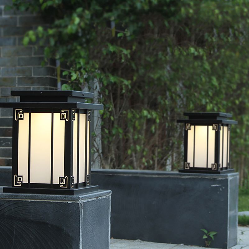 Metal Rectangular Shape Outdoor Lights Modern Style 1-Light Solar Pillar Lamp in Black