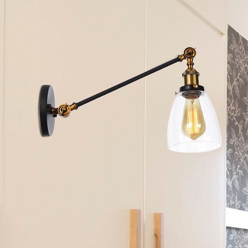 Black/Bronze/Brass 1 Light Wall Light Fixture Industrial Style Clear Glass Tapered Sconce with Arm, 8"/12" L