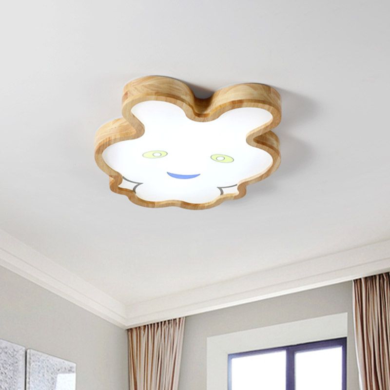 Wood Rabbit Ultrathin Ceiling Lamp Cartoon Brown LED Flush Mount Fixture in Warm/White Light