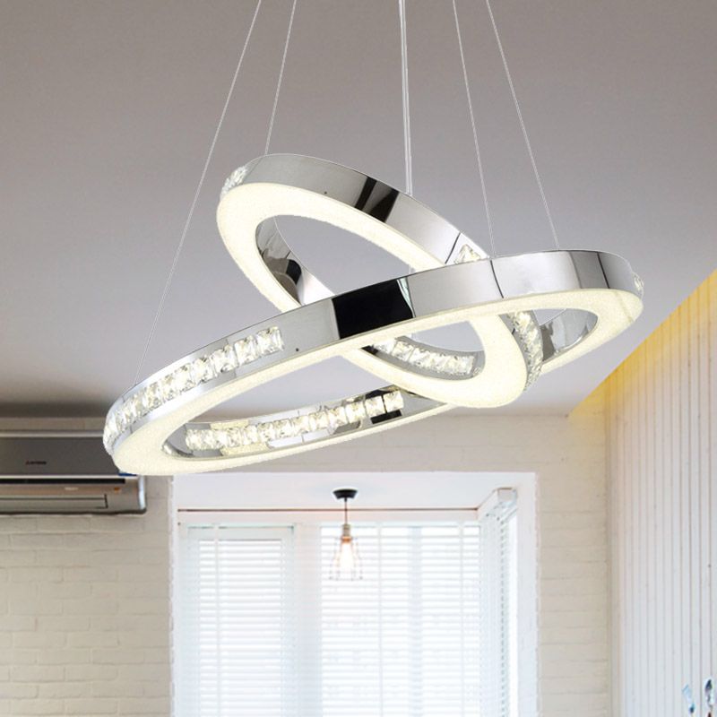 Luz de techo de colgante de anillo de cromo lámpara de lámparas de lacinaje de cristal facetado simple con luz cálida/blanca/natural, 16 "/19.5" /23.5 "de ancho