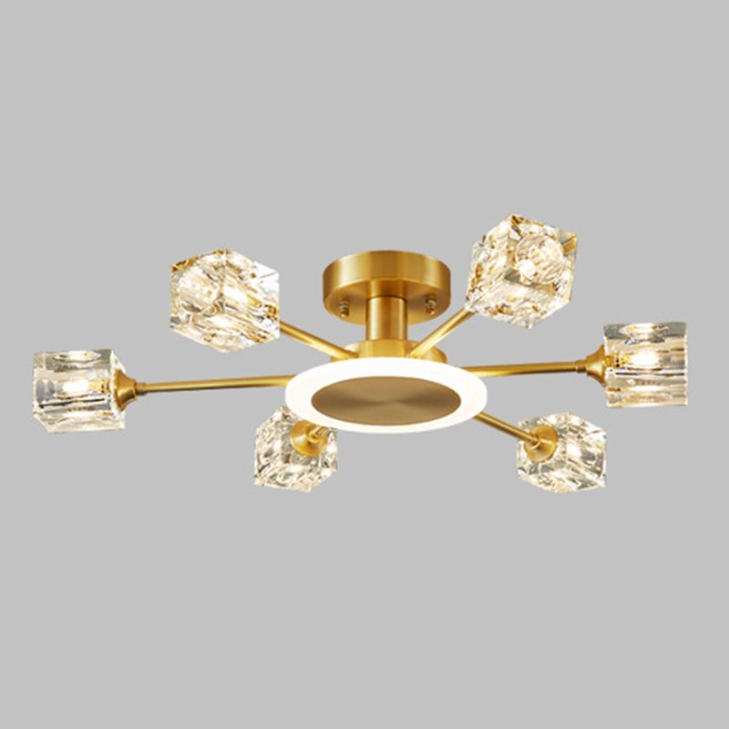 Square Crystal Shade Semi Flush Mount in Modern Luxury Style Sputnik Metal Ceiling Light for Living Room