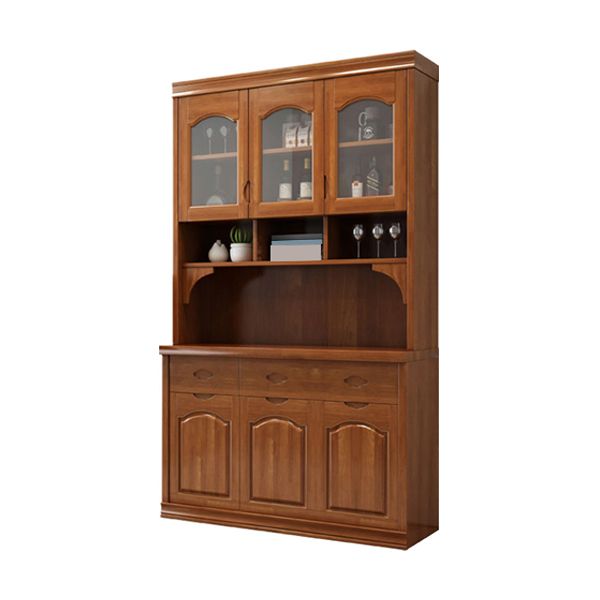 Modern Rubberwood Dining Hutch Glass Doors Hutch Buffet with Drawers for Living Room