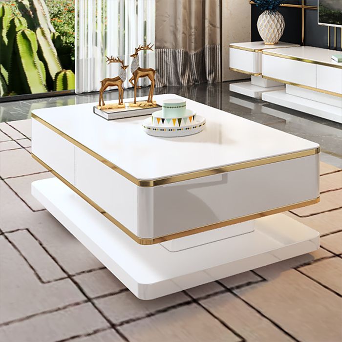 18"H Glam Single White Rectangular Coffee Table with Storage