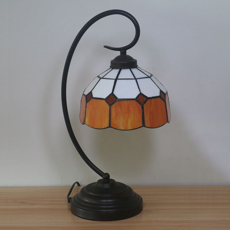 1 Head Grid Dome Night Table Lamp Baroque Orange/Blue/Yellow Cut Glass Task Lighting with Swirl Arm