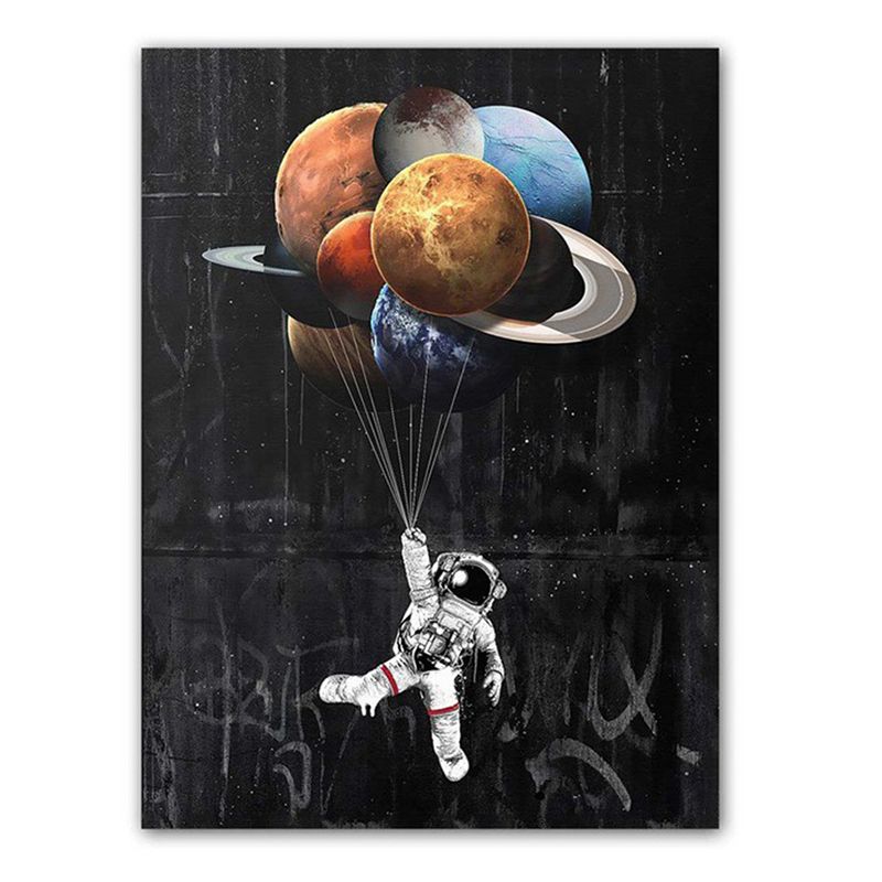 Black Universe Canvas Print Kids Style Spaceman with Planet Balloons Wall Art Decor