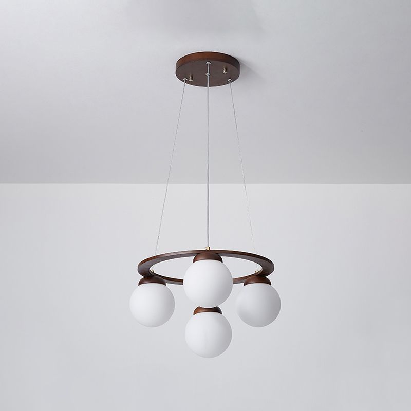 Houten cirkelvormige kroonluchter eenvoud hangend licht met bol wit glazen schaduw