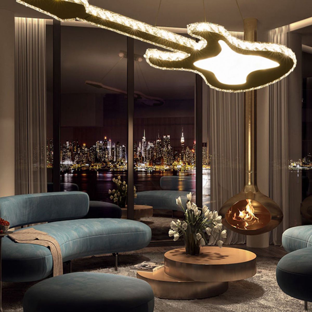 Modern Luxurious LED Island Pendant Lighting Guitar Crystal Decoration Island Ceiling Light for Living Room