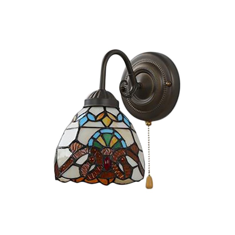 Yellow Dome Wall Sconce Victorian Stained Glass 1 Head Wall Fixture Light with Pull chain for Hallway