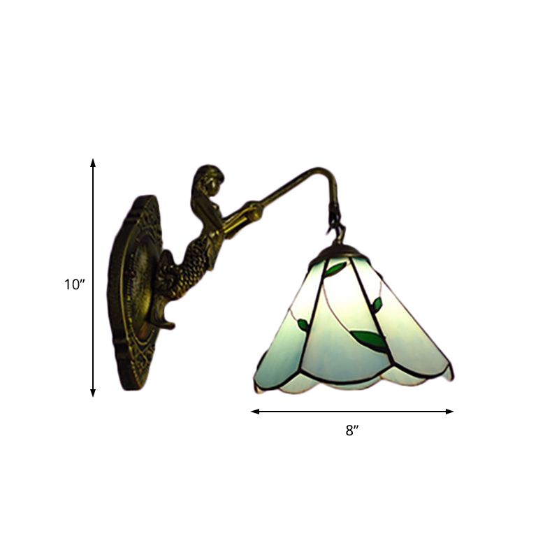 Green Glass Lily Wall Mount Light Tiffany 1 Head Antique Brass Sconce Light for Hallway