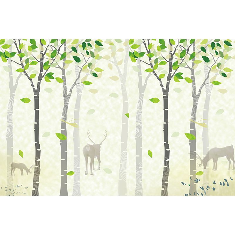 Deer in Spring Forest Murals Yellow-Green Nordic Style Wall Covering for Living Room