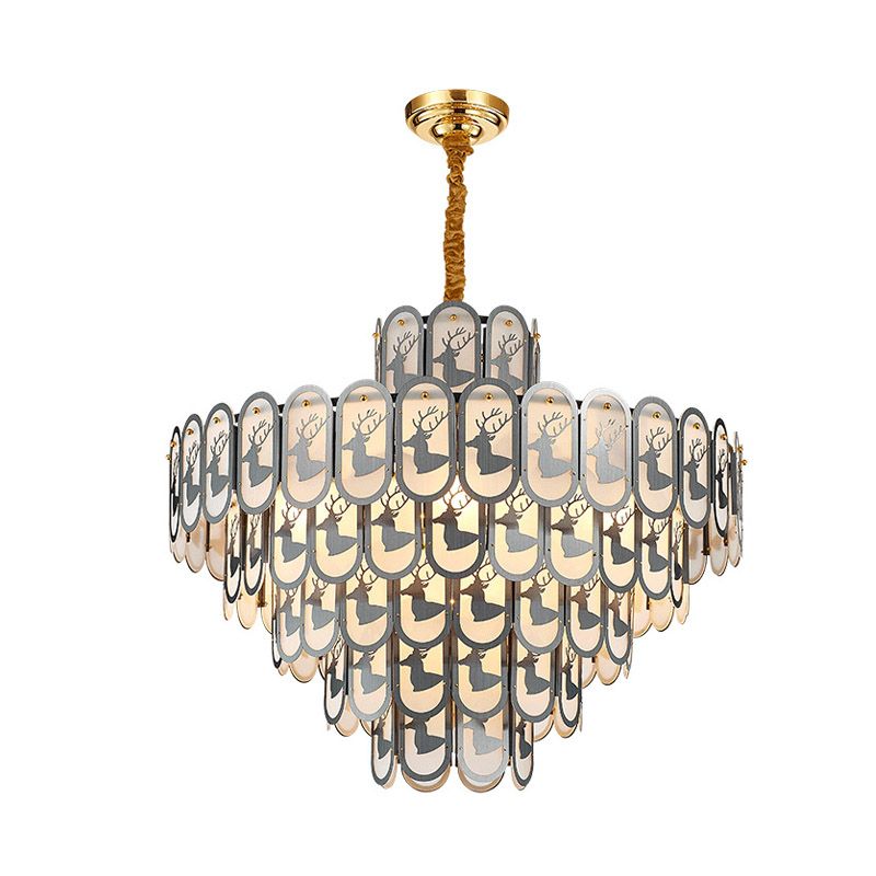 Crystal Tiered Chandelier Pendant Light Modern 12/16 Lights Down Lighting in Nickel with Elk Pattern