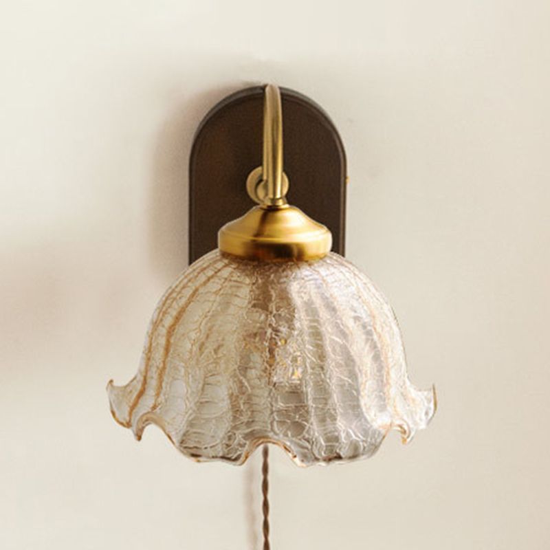 Modern Wood Wall Sconce Flower Shape Vanity Lamp with Glass Shade for Bathroom