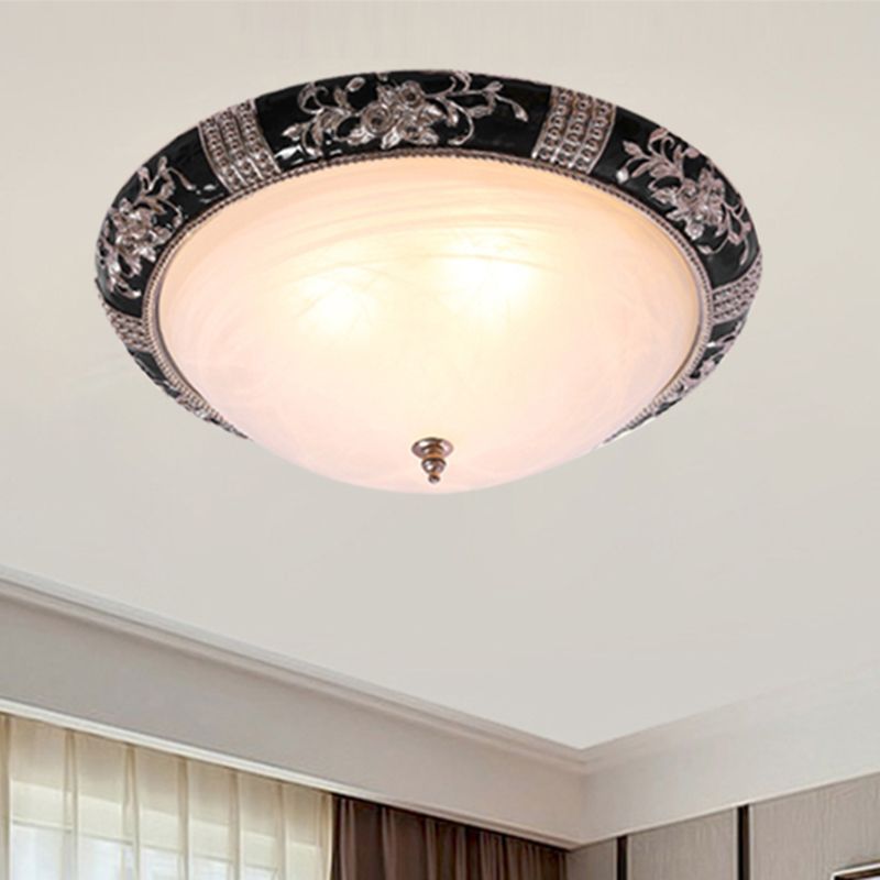 Black-Gold Semi-Orb Flush Mount Lamp Classic Satin Glass 1/2-Light 14"/19.5" W Hallway Ceiling Fixture