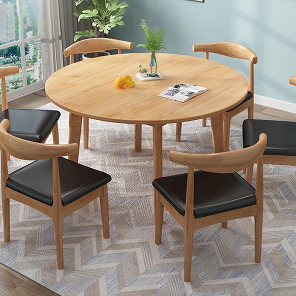Round Wood Color Dining Table Rubberwood Solid Wood Table Modern with 4 Legs Pedestal