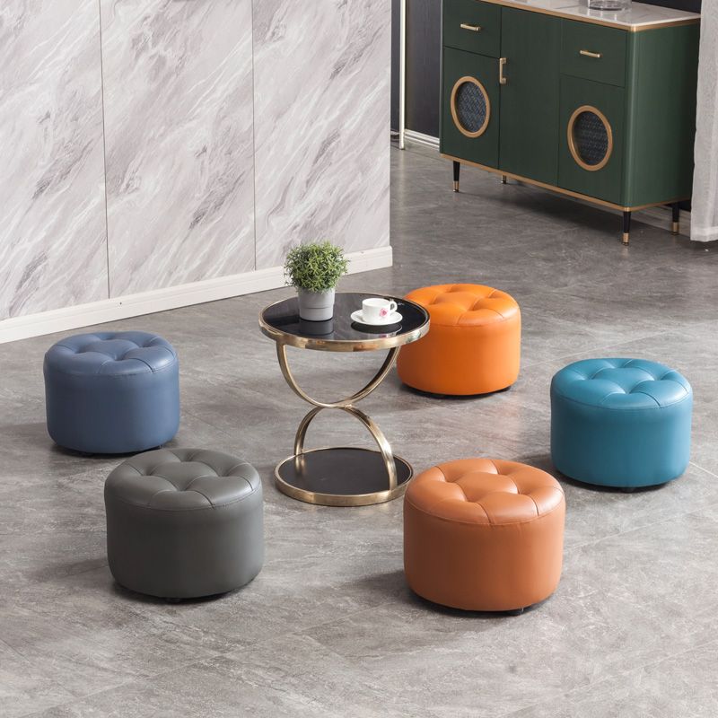 Simplicity Pure Color Ottoman Tufted Faux Leather Water Resistant Round Pouf Ottoman