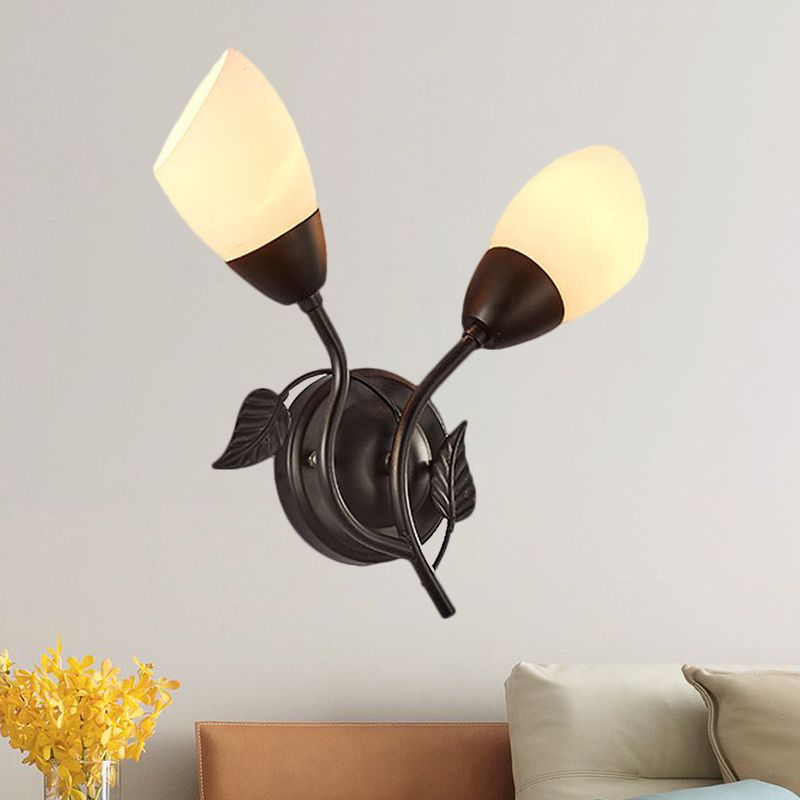 Flaring Shaped Bedside Sconce Light Fixture Vintage Faceted Glass 2-Bulb Black Wall Mount Light