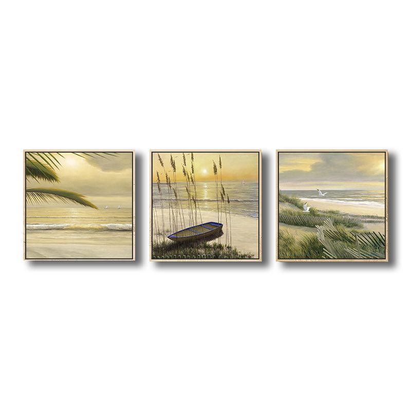 Tropical Canvas Print in Green Beach Sunrise Scenery Wall Art for House Interior