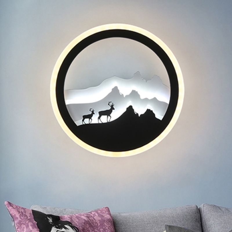 Acryl ronde herten en bergwandlicht Chinese stijl LED zwart -witte muur muurschildering lamp