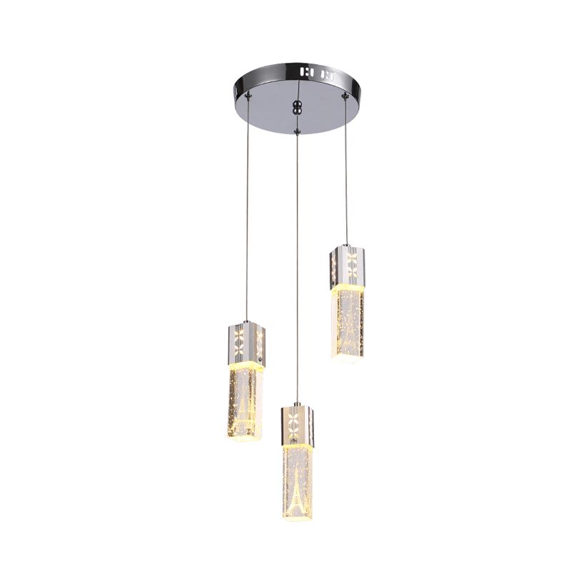 Square Tube LED Hanging Lamp Simple Clear Crystal Glass 3-Light Dining Room Cluster Light Pendant in Chrome