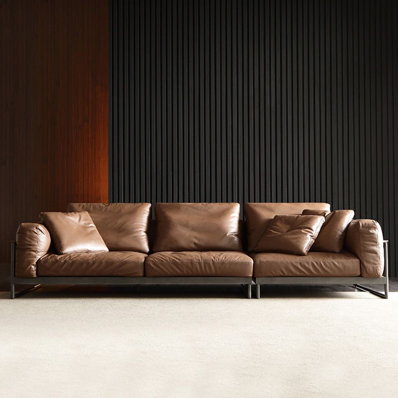 Square Arm Loose Back Sofa Mid Century Modern Genuine Leather Sofa in Brown