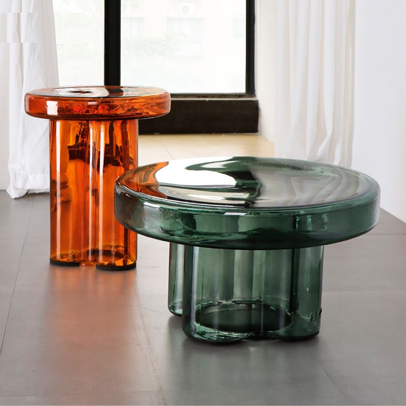 Modern Green/ Brown Round Glass Top Side Table Pedestal End Table