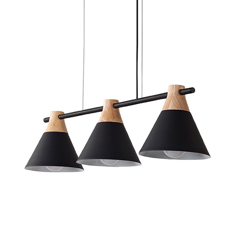 Macaron Cone Iron Hanging Light 3 Heads Island Pendant in Black/White/Blue and Wood over Dining Table