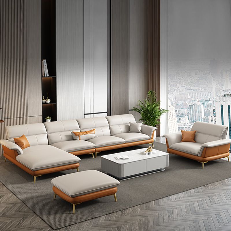 Modern Cream Genuine Leather Pillow Top Arm Sofa/Sectional for Living Room