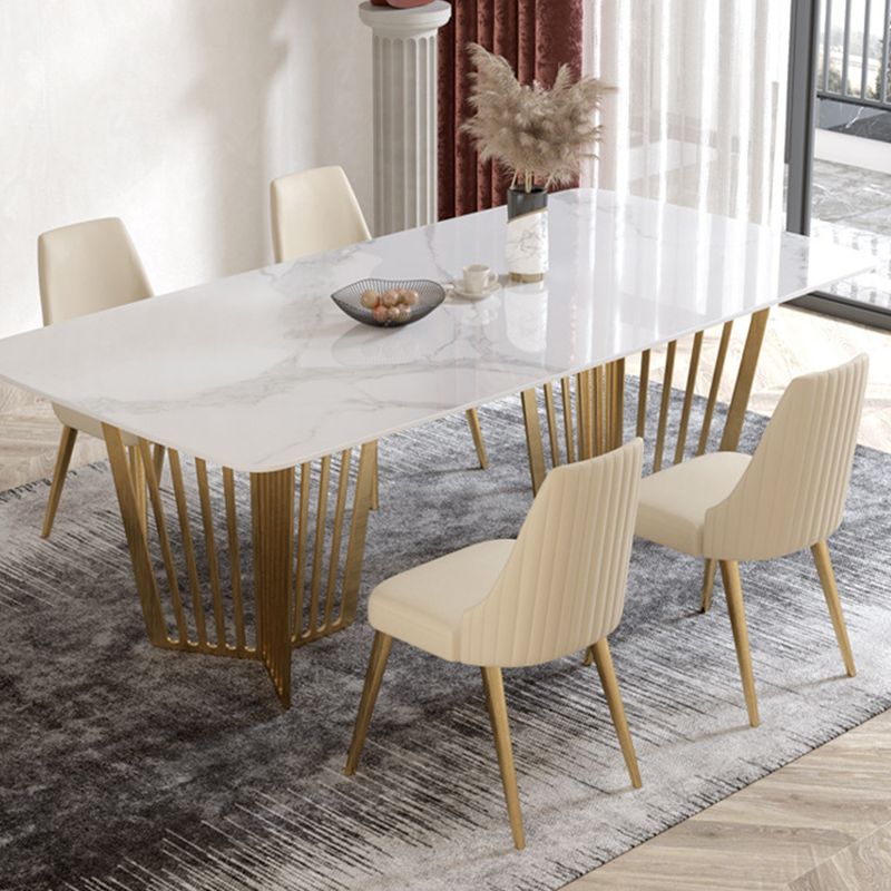 Luxury Sintered Stone Top White Table Rectangle Dining Table with Gold Double Pedestal