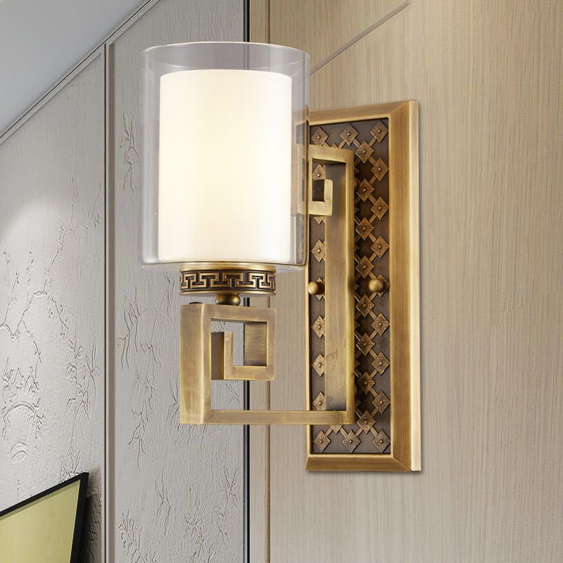 Antiqued Gold/Black Sconce Ideas Traditional Transparent and Matte Glass Dual Shade Pillar Wall Mounted Light