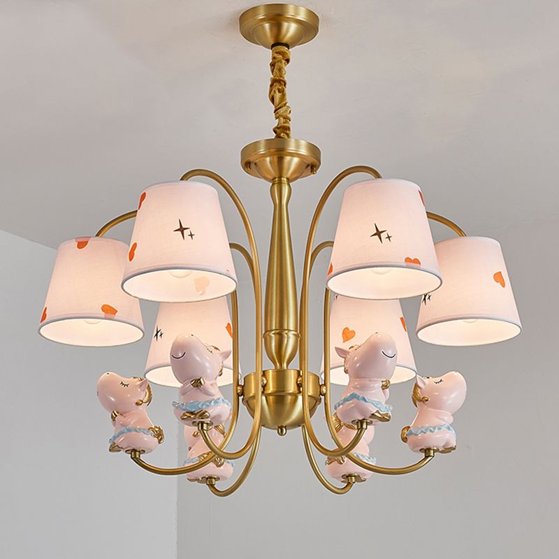 Animal Nursery Ceiling Lighting Resin Childrens Chandelier Light Fixture with Tapered Fabric Shade in Gold