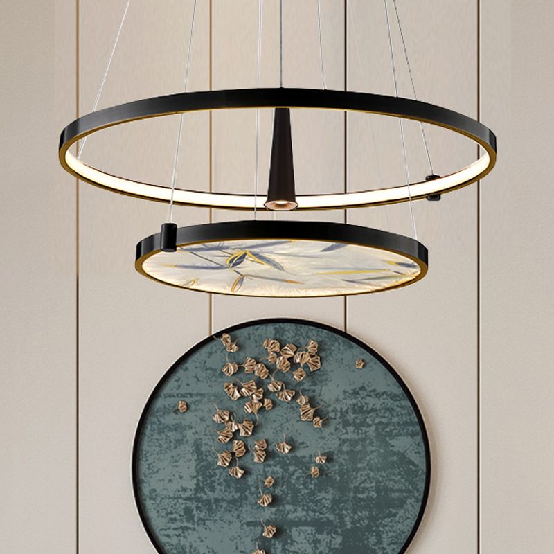 16"/23.5" Wide LED Frosted Glass Chandelier Lamp Classic Black Round Living Room Ceiling Pendant