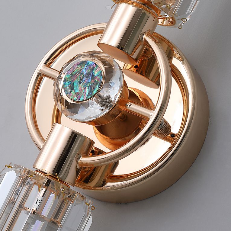 Gold Cylindrical Wall Lamp in Modern Luxury Style Wrought Iron 2-Light Wall Sconce with Crystal Shade