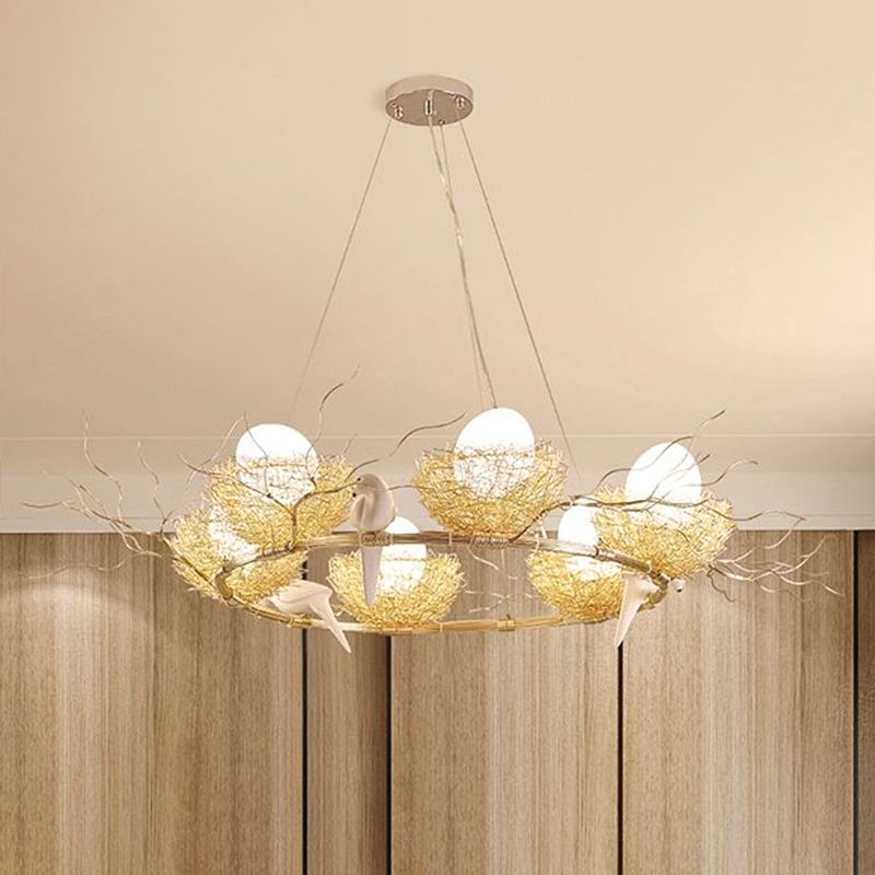 Artistic Bird Nest and Egg Chandelier Aluminum Dining Room Pendant Light in Gold