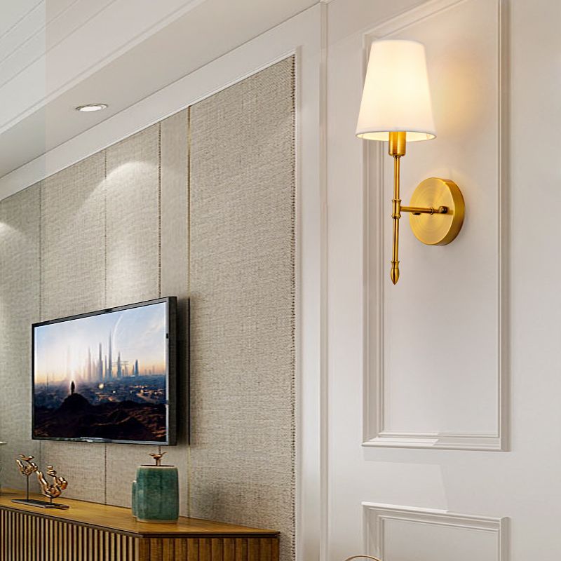 Gold Modern Metal Wall Sconce Cone Shape Wall Light with Fabric Shade for Bedroom