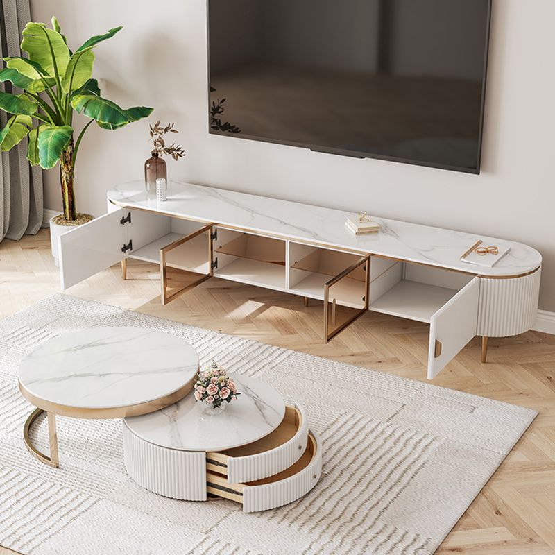 Glam Oval White TV Stand Console with Shelves for Living Room