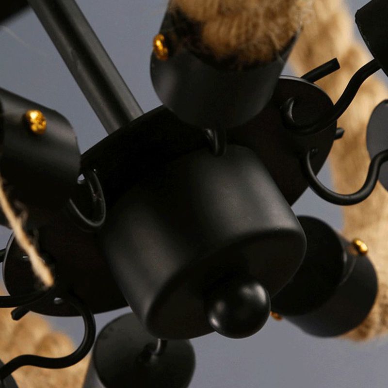 Loft Style Candelabrum Chandelier 8 Bulbs Hemp Rope Hanging Lamp in Black for Living Room