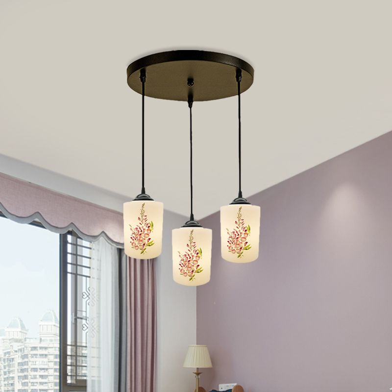 Witdruk Glas Zwart Multi Pendant Lamp Cilinder 3-Licht eetkamer Suspensie Licht met ronde/lineaire luifel