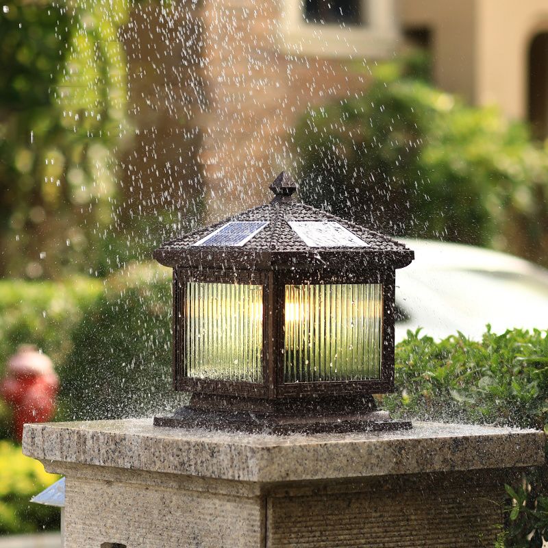 Rectangular Shape Metal Solar Pillar Lamp Modern Style 1 Light Outdoor Lights in Brown