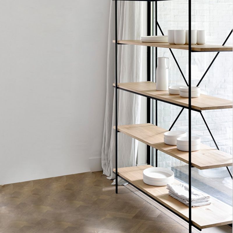 Industriële open etagere boekenplank van 5 plank met ijzeren frame dennenhoutplank